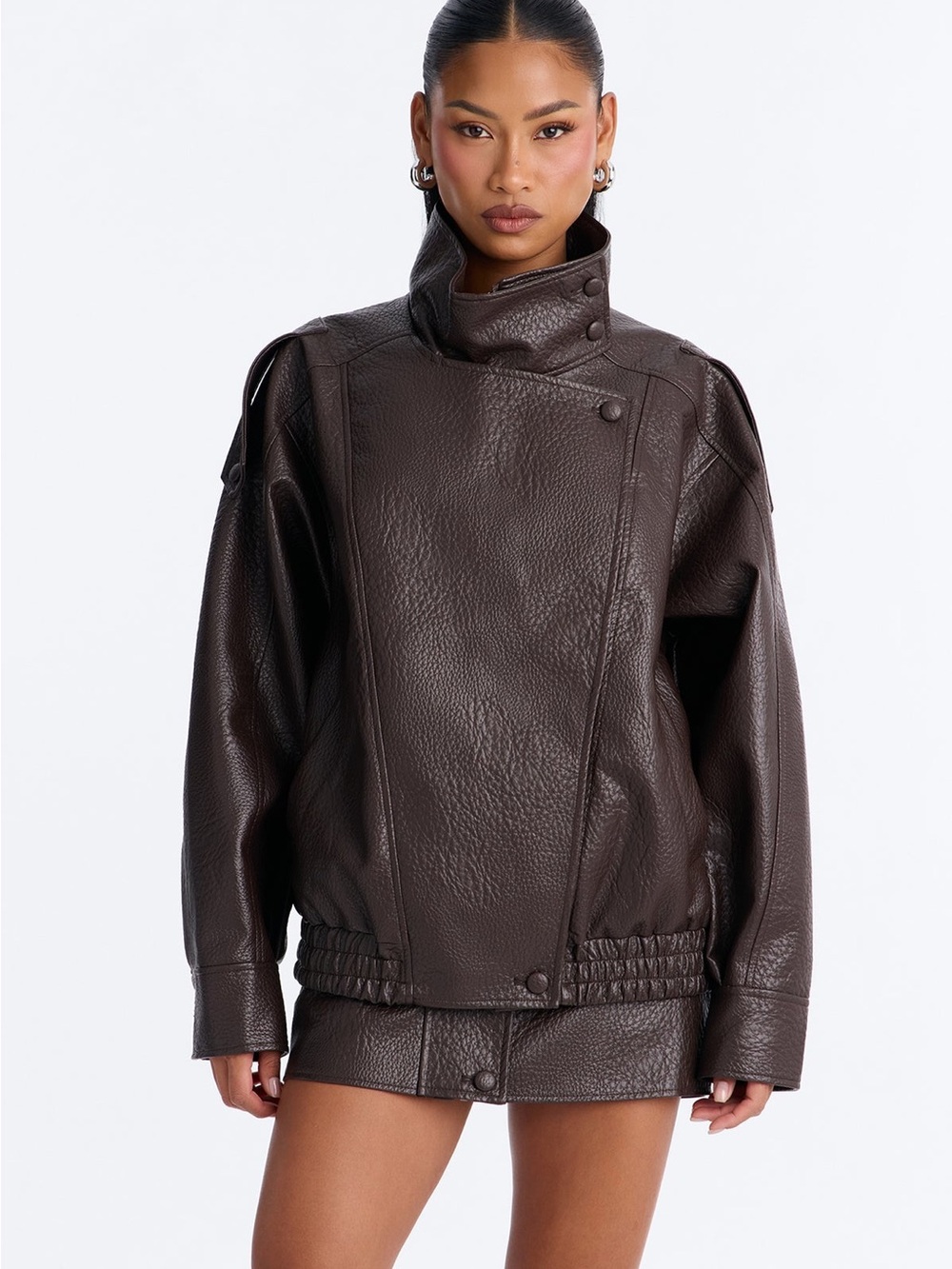 Women's Dark Brown Faux Leather High-Neck Jacket & Skirt Set